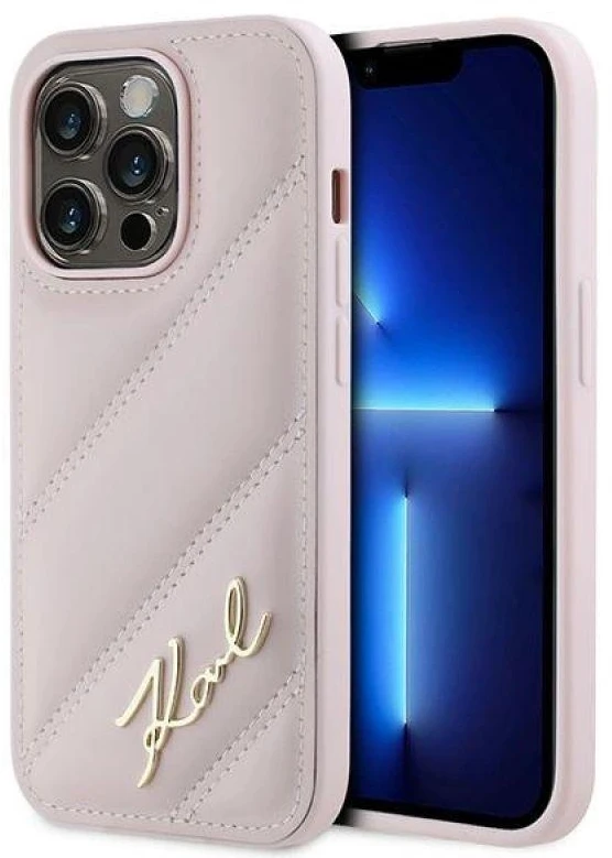 Karl Lagerfeld KLHCP14LPQDSMGP Apple iPhone 14 Pro 6.1″ rožinės spalvos kietas dėklas Diagonal Quilted Script