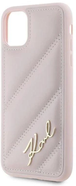 Karl Lagerfeld KLHCN61PQDSMGP Apple iPhone 11 / Xr 6.1″ rožinės spalvos kietas dėklas Diagonal Quilted Script