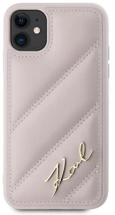 Karl Lagerfeld KLHCN61PQDSMGP Apple iPhone 11 / Xr 6.1″ rožinės spalvos kietas dėklas Diagonal Quilted Script