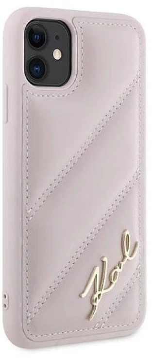 Karl Lagerfeld KLHCN61PQDSMGP Apple iPhone 11 / Xr 6.1″ rožinės spalvos kietas dėklas Diagonal Quilted Script