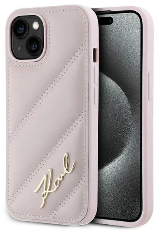 Karl Lagerfeld KLHCP15SPQDSMGP Apple iPhone 15/ 14 / 13 6.1″ rožinės spalvos kietas dėklas Diagonal Quilted Script