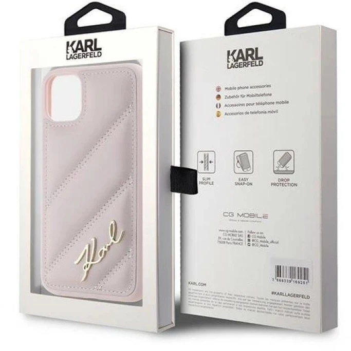 Karl Lagerfeld KLHCN61PQDSMGP Apple iPhone 11 / Xr 6.1″ rožinės spalvos kietas dėklas Diagonal Quilted Script