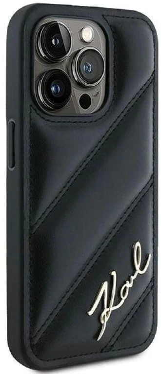 Karl Lagerfeld KLHCP15XPQDSMGK Apple iPhone 15 Pro Max 6.7″ juodos spalvos kietas dėklas Diagonal Quilted Script