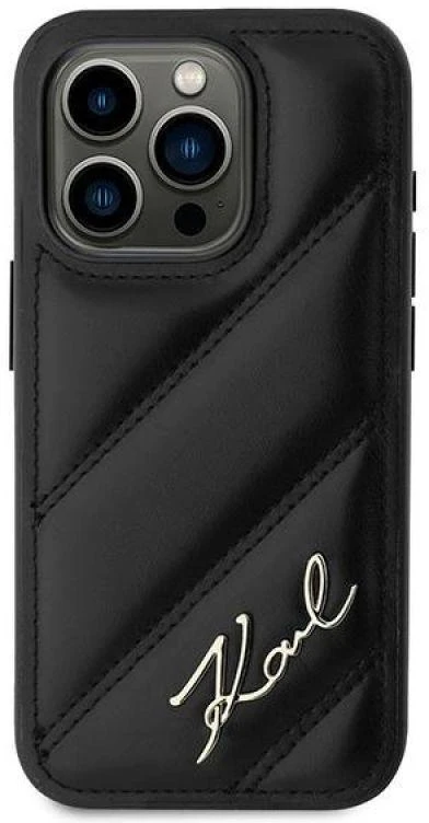 Karl Lagerfeld KLHCP15XPQDSMGK Apple iPhone 15 Pro Max 6.7″ juodos spalvos kietas dėklas Diagonal Quilted Script