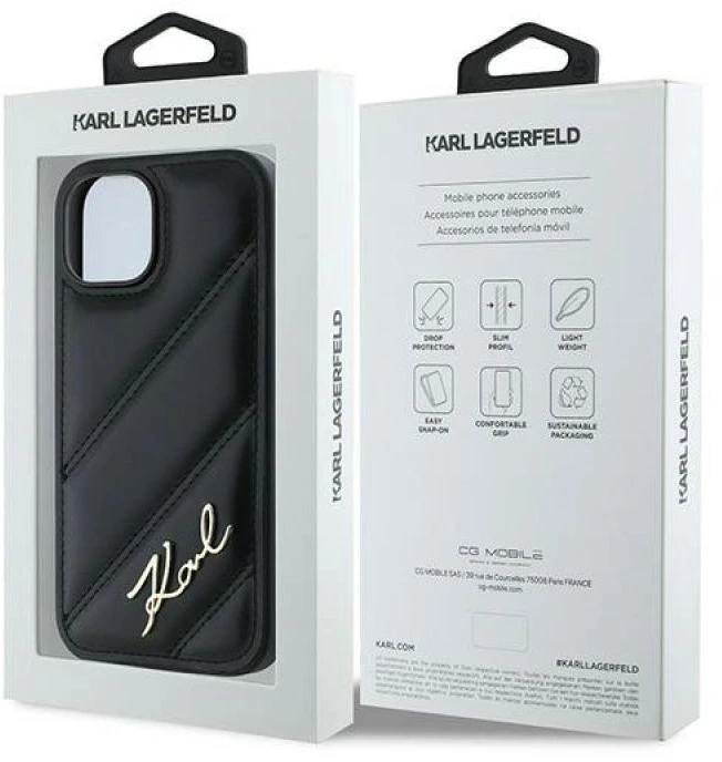 Apple iPhone 13 / 14 / 15 Karl Lagerfeld Diagonal Quilted Script (KLHCP14SPQDSMGK) dėklas telefonui juodos spalvos