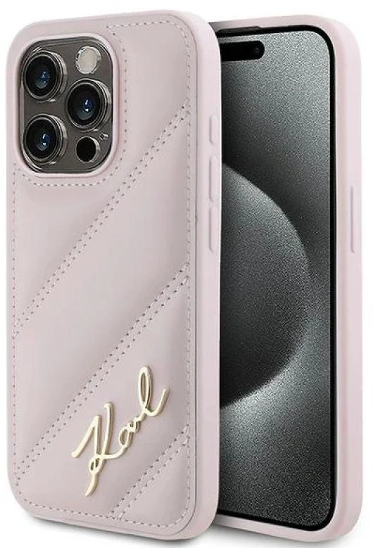 Karl Lagerfeld KLHCP15XPQDSMGP Apple iPhone 15 Pro Max 6.7″ rožinės spalvos kietas dėklas Diagonal Quilted Script