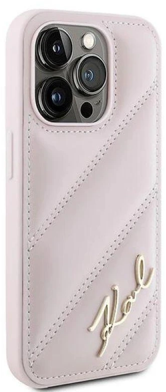 Karl Lagerfeld KLHCP15XPQDSMGP Apple iPhone 15 Pro Max 6.7″ rožinės spalvos kietas dėklas Diagonal Quilted Script
