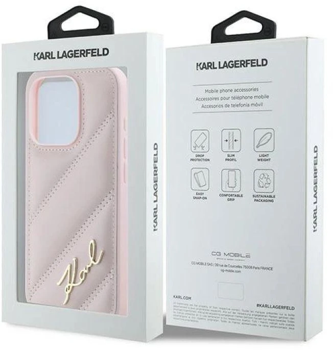 Karl Lagerfeld KLHCP15XPQDSMGP Apple iPhone 15 Pro Max 6.7″ rožinės spalvos kietas dėklas Diagonal Quilted Script