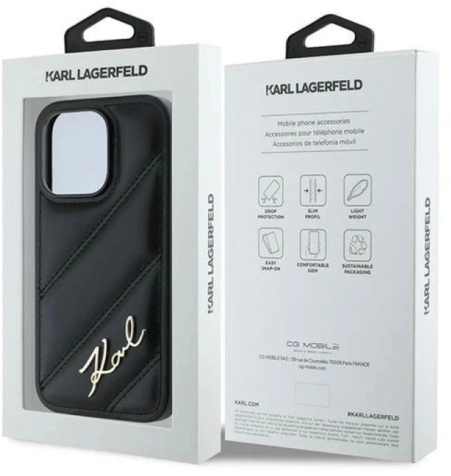 Karl Lagerfeld KLHCP14LPQDSMGK Apple iPhone 14 Pro 6.1″ juodos spalvos kietas dėklas Diagonal Quilted Script