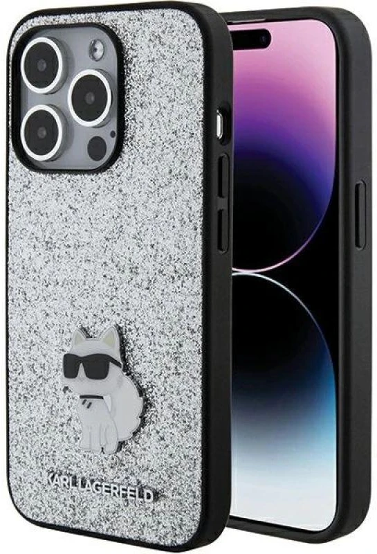 Karl Lagerfeld KLHCP15XGCNPSG Apple iPhone 15 Pro Max 6.7″ sidabrinis kietas dėklas Fixed Glitter Choupette
