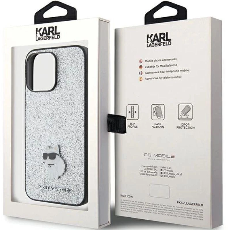 Karl Lagerfeld KLHCP15XGCNPSG Apple iPhone 15 Pro Max 6.7″ sidabrinis kietas dėklas Fixed Glitter Choupette