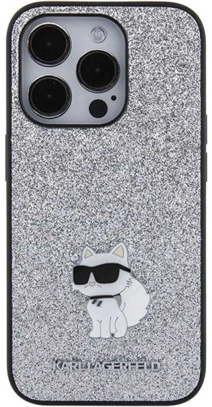 Karl Lagerfeld KLHCP15XGCNPSG Apple iPhone 15 Pro Max 6.7″ sidabrinis kietas dėklas Fixed Glitter Choupette