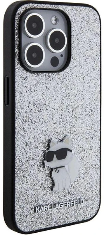 Karl Lagerfeld KLHCP15XGCNPSG Apple iPhone 15 Pro Max 6.7″ sidabrinis kietas dėklas Fixed Glitter Choupette