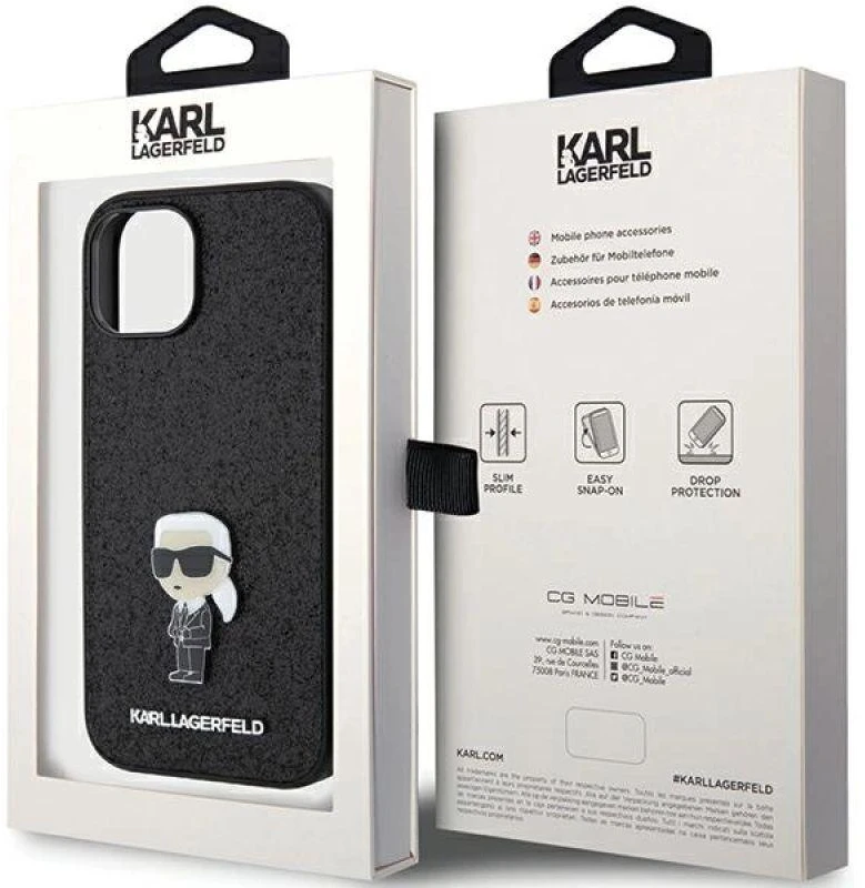 Karl Lagerfeld KLHCP15SGKNPSK Apple iPhone 15/ 14 / 13 6.1″ juodos spalvos kietas dėklas Fixed Glitter Ikonik Log