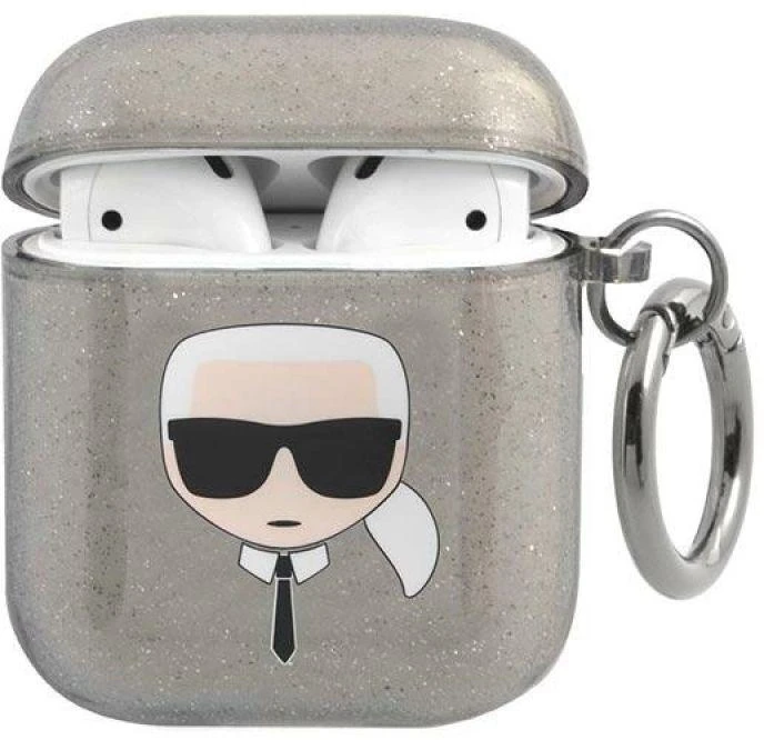 Karl Lagerfeld KLA2UKHGK AirPods dėklas juodos spalvos Glitter Karl`s Head