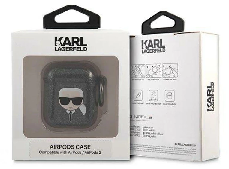 Karl Lagerfeld KLA2UKHGK AirPods dėklas juodos spalvos Glitter Karl`s Head