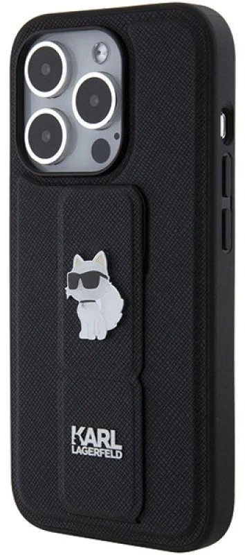 Karl Lagerfeld KLHCP15LGSACHPK Apple iPhone 15 Pro 6.1″ juodos spalvos kietas dėklas Gripstand Saffiano Choupette