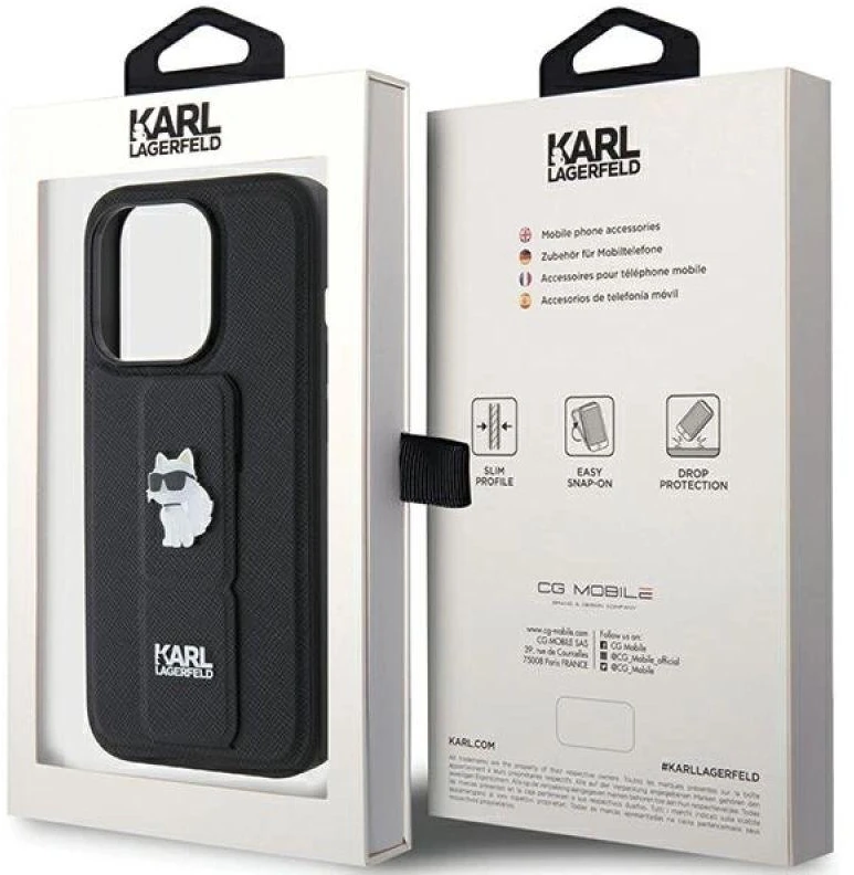 Karl Lagerfeld KLHCP15LGSACHPK Apple iPhone 15 Pro 6.1″ juodos spalvos kietas dėklas Gripstand Saffiano Choupette