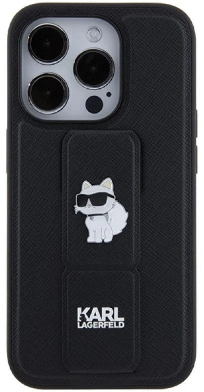 Karl Lagerfeld KLHCP15LGSACHPK Apple iPhone 15 Pro 6.1″ juodos spalvos kietas dėklas Gripstand Saffiano Choupette