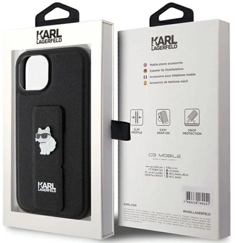 Karl Lagerfeld KLHCP15SGSACHPK Apple iPhone 15/ 14 / 13 6.1″ juodos spalvos kietas dėklas Gripstand Saffiano Chou