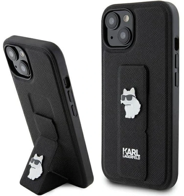 Karl Lagerfeld KLHCP15SGSACHPK Apple iPhone 15/ 14 / 13 6.1″ juodos spalvos kietas dėklas Gripstand Saffiano Chou