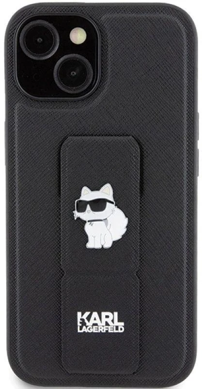 Karl Lagerfeld KLHCP15SGSACHPK Apple iPhone 15/ 14 / 13 6.1″ juodos spalvos kietas dėklas Gripstand Saffiano Chou