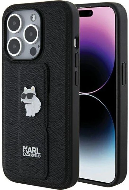 Karl Lagerfeld KLHCP15LGSACHPK Apple iPhone 15 Pro 6.1″ juodos spalvos kietas dėklas Gripstand Saffiano Choupette