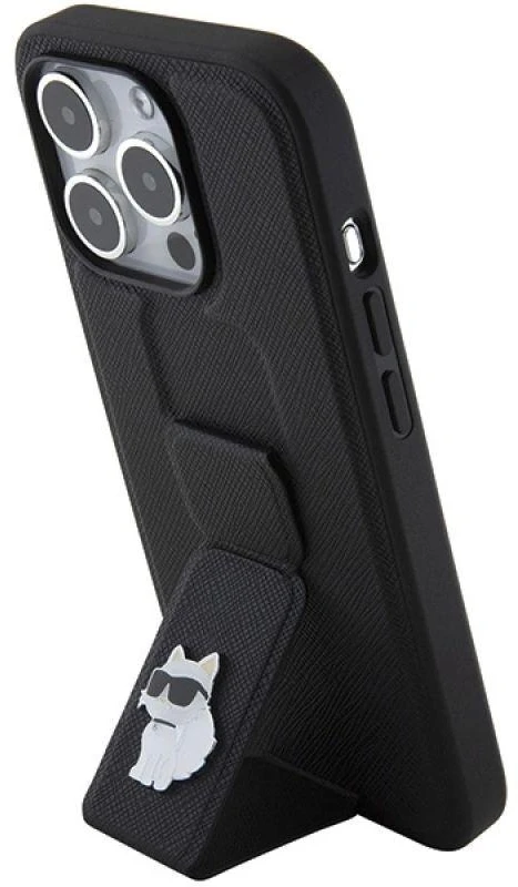 Karl Lagerfeld KLHCP15LGSACHPK Apple iPhone 15 Pro 6.1″ juodos spalvos kietas dėklas Gripstand Saffiano Choupette