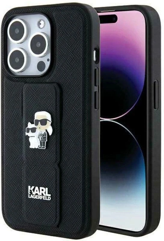 Karl Lagerfeld KLHCP13LGSAKCPK Apple iPhone 13 Pro / 13 6.1″ juodos spalvos kietas dėklas Gripstand Saffiano Karl&