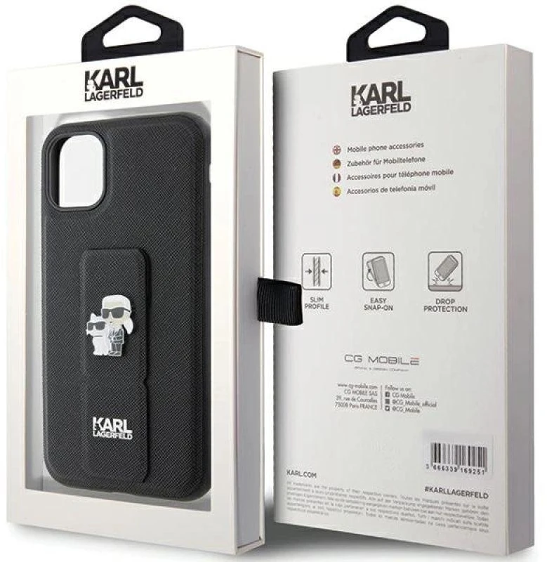 Karl Lagerfeld KLHCN61GSAKCPK Apple iPhone 11/ Xr 6.1″ juodos spalvos kietas dėklas Gripstand Saffiano Karl&Choup