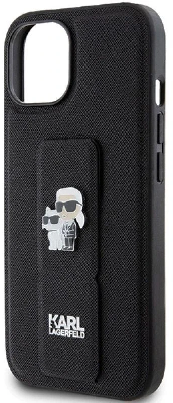 Karl Lagerfeld KLHCP15MGSAKCPK iPhone 15 Plus / 14 Plus 6.7″ juodos spalvos kietas dėklas Gripstand Saffiano