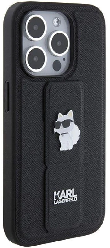 Karl Lagerfeld KLHCP15XGSACHPK Apple iPhone 15 Pro Max 6.7″ juodos spalvos kietas dėklas Gripstand Saffiano Choupe