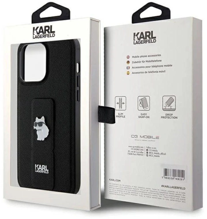 Karl Lagerfeld KLHCP13LGSACHPK Apple iPhone 13 Pro / 13 6.1″ juodos spalvos kietas dėklas Gripstand Saffiano Choup