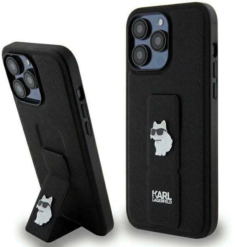Karl Lagerfeld KLHCP13LGSACHPK Apple iPhone 13 Pro / 13 6.1″ juodos spalvos kietas dėklas Gripstand Saffiano Choup