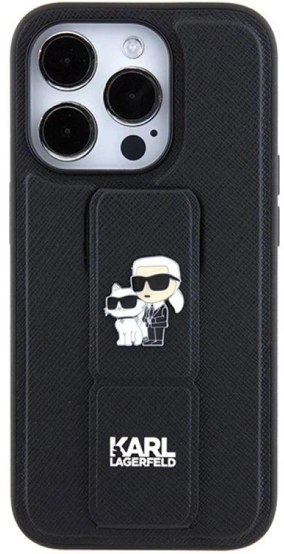 Dėklas Karl Lagerfeld KLHCP15LGSAKCPK IPHONE 15 PRO 6.1 "Juodas/Juodas HARDCASE GRIPSTAND SAFFIANO KARL & CHUPETTE PINS