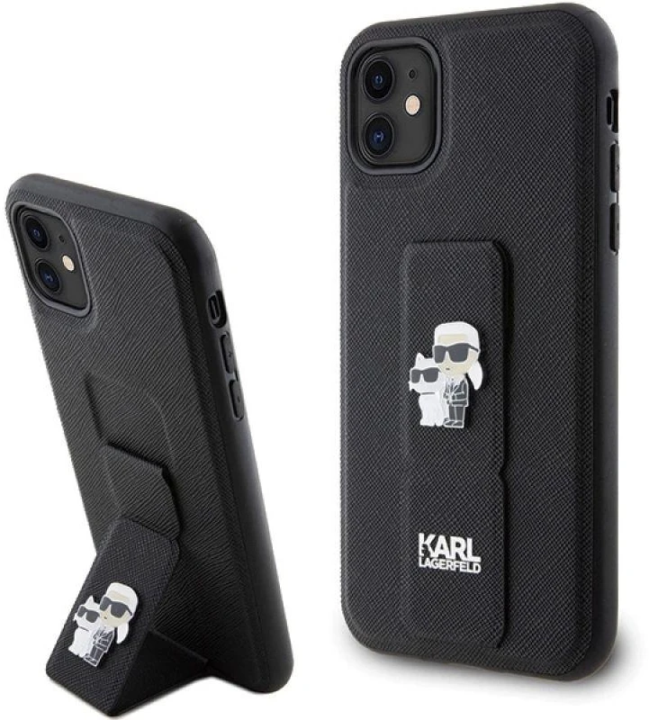 Karl Lagerfeld KLHCN61GSAKCPK Apple iPhone 11/ Xr 6.1″ juodos spalvos kietas dėklas Gripstand Saffiano Karl&Choup