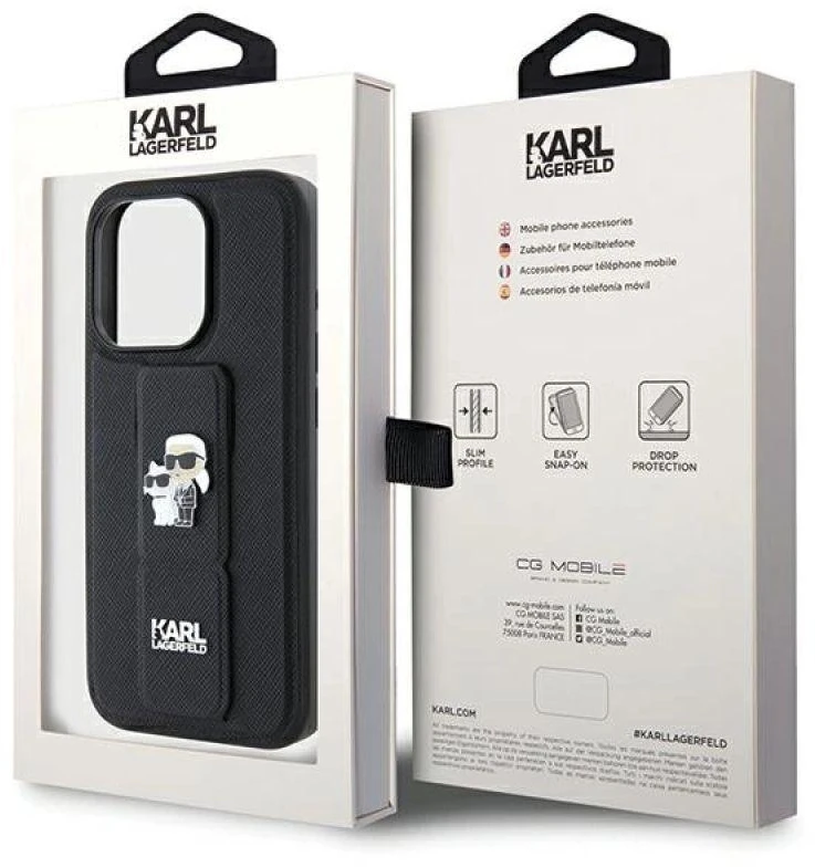 Karl Lagerfeld KLHCP13LGSAKCPK Apple iPhone 13 Pro / 13 6.1″ juodos spalvos kietas dėklas Gripstand Saffiano Karl&