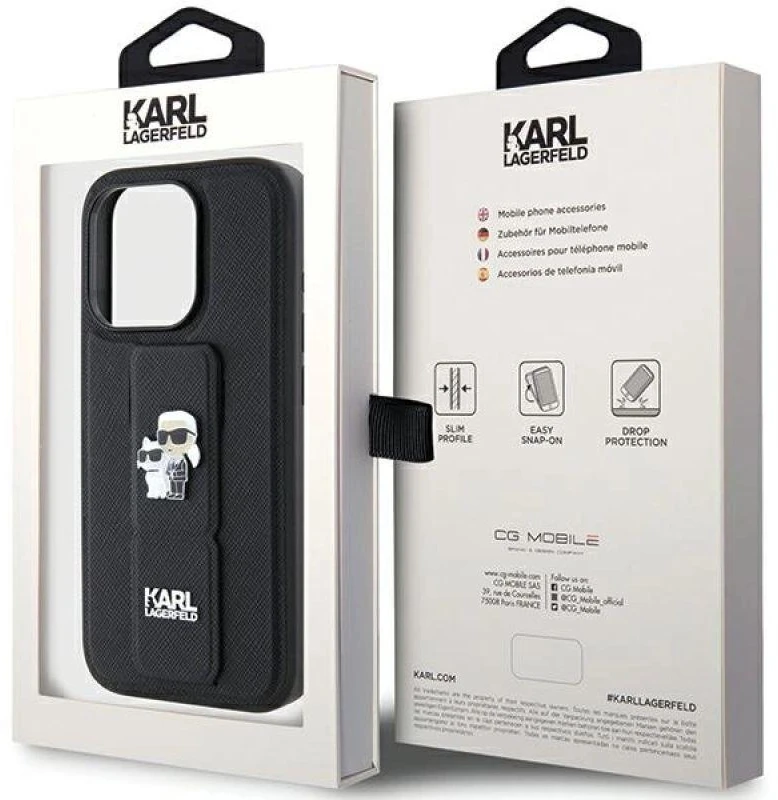 Dėklas Karl Lagerfeld KLHCP15LGSAKCPK IPHONE 15 PRO 6.1 "Juodas/Juodas HARDCASE GRIPSTAND SAFFIANO KARL & CHUPETTE PINS