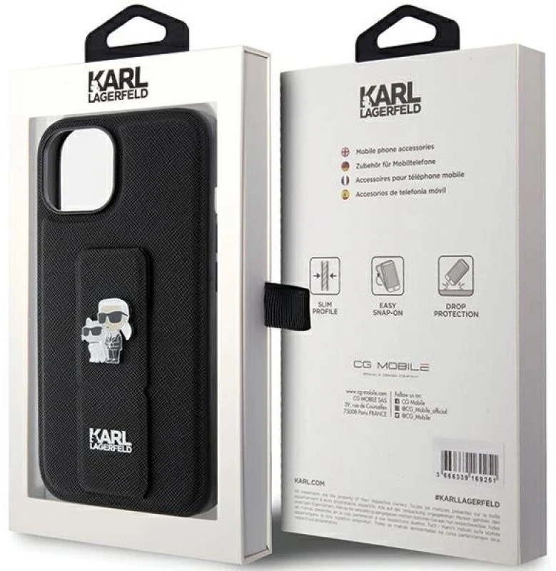 Karl Lagerfeld KLHCP15MGSAKCPK iPhone 15 Plus / 14 Plus 6.7″ juodos spalvos kietas dėklas Gripstand Saffiano