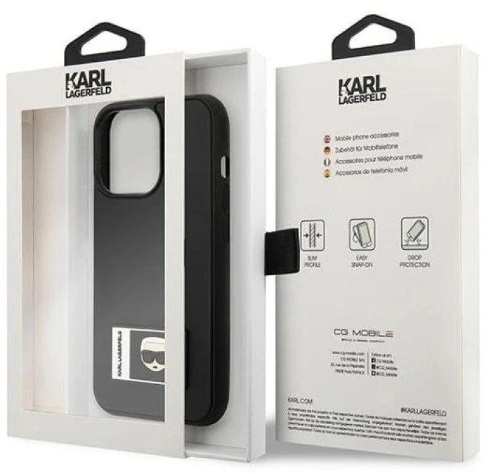 Karl Lagerfeld KLHCP13X3DKPK iPhone 13 Pro Max 6,7″juodos spalvos kietas dėklas Ikonik Patch