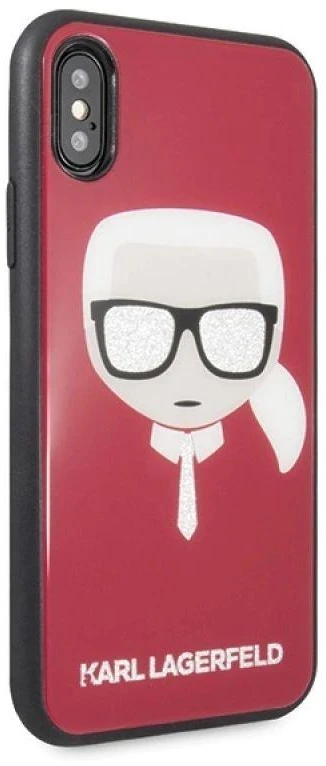 Karl Lagerfeld dėklas iPhone X / XS KLHCPXDLHRE raudonas kietas dėklas Iconic Iconic Glitter Karlo galva