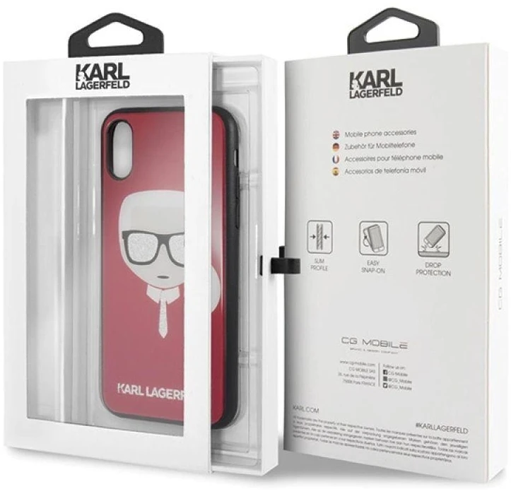 Karl Lagerfeld dėklas iPhone X / XS KLHCPXDLHRE raudonas kietas dėklas Iconic Iconic Glitter Karlo galva