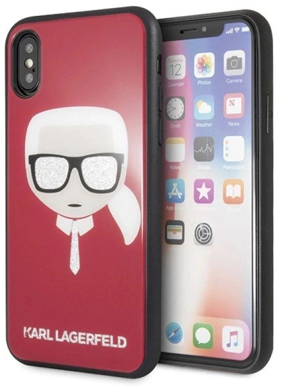 Karl Lagerfeld dėklas iPhone X / XS KLHCPXDLHRE raudonas kietas dėklas Iconic Iconic Glitter Karlo galva
