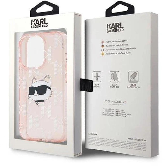 Karl Lagerfeld KLHCP15XHKLPCHP Apple iPhone 15 Pro Max 6.7″ rožinės spalvos kietas dėklas IML Choupette Head & Monog