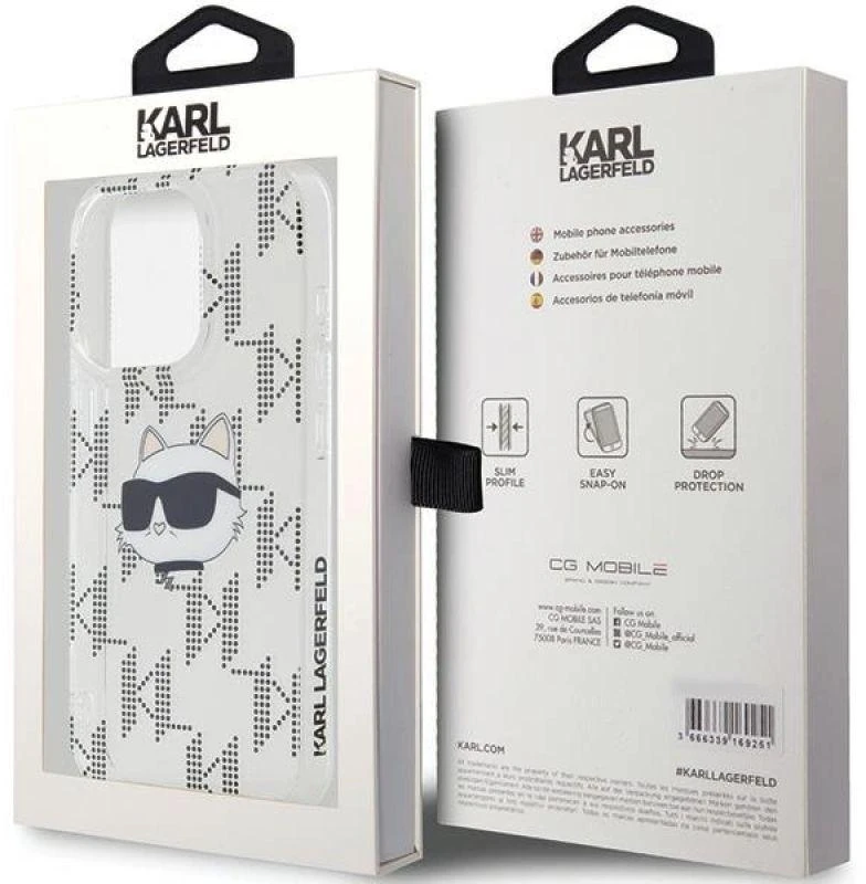 Karl Lagerfeld KLHCP15XHKLPCHT Apple iPhone15 Pro Max 6.7″ skaidrus kietas dėklas IML Choupette Head & Monog