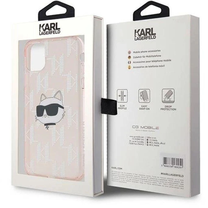 Karl Lagerfeld KLHCN61HKLPCHP Apple iPhone 11 / Xr 6.1″ rožinės spalvos kietas dėklas IML Choupette Head & Monogram