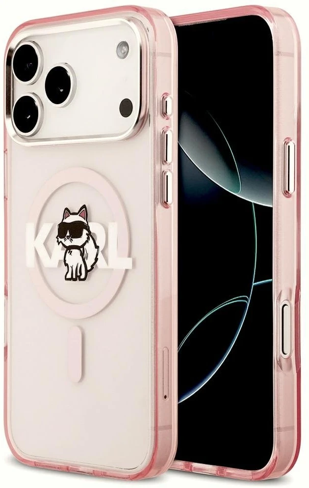 Karl Lagerfeld dėklas, skirtas IPHONE 17 Pro Max, suderinamas su MagSafe KLHMP17XHGCHGKBP (IML Choupette Sketch Logo), rožinis