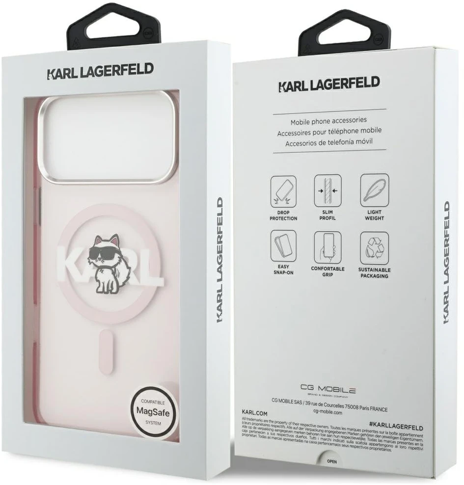 Karl Lagerfeld dėklas, skirtas IPHONE 17 Pro Max, suderinamas su MagSafe KLHMP17XHGCHGKBP (IML Choupette Sketch Logo), rožinis