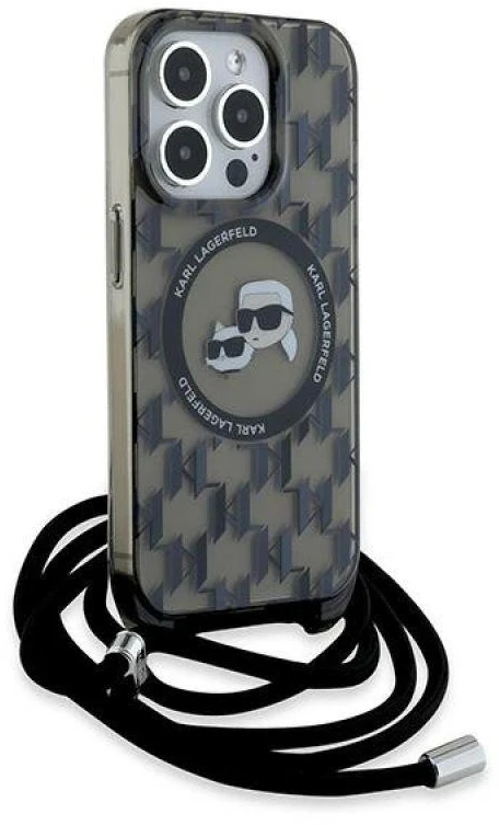 Apple iPhone 15 Pro Max Karl Lagerfeld Hardcase IML Crossbody Monogram Karl & Choupette Head MagSafe (KLHMP15XHCKCKLCK) dėklas telefonui juodos spalvos