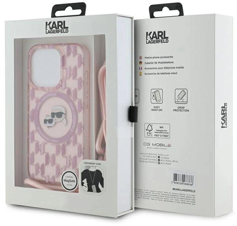 Karl Lagerfeld KLHMP15LHCKCKLCP Apple iPhone 15 Pro 6.1″ rožinės spalvos kietas dėklas IML Crossbody Monogram Karl &